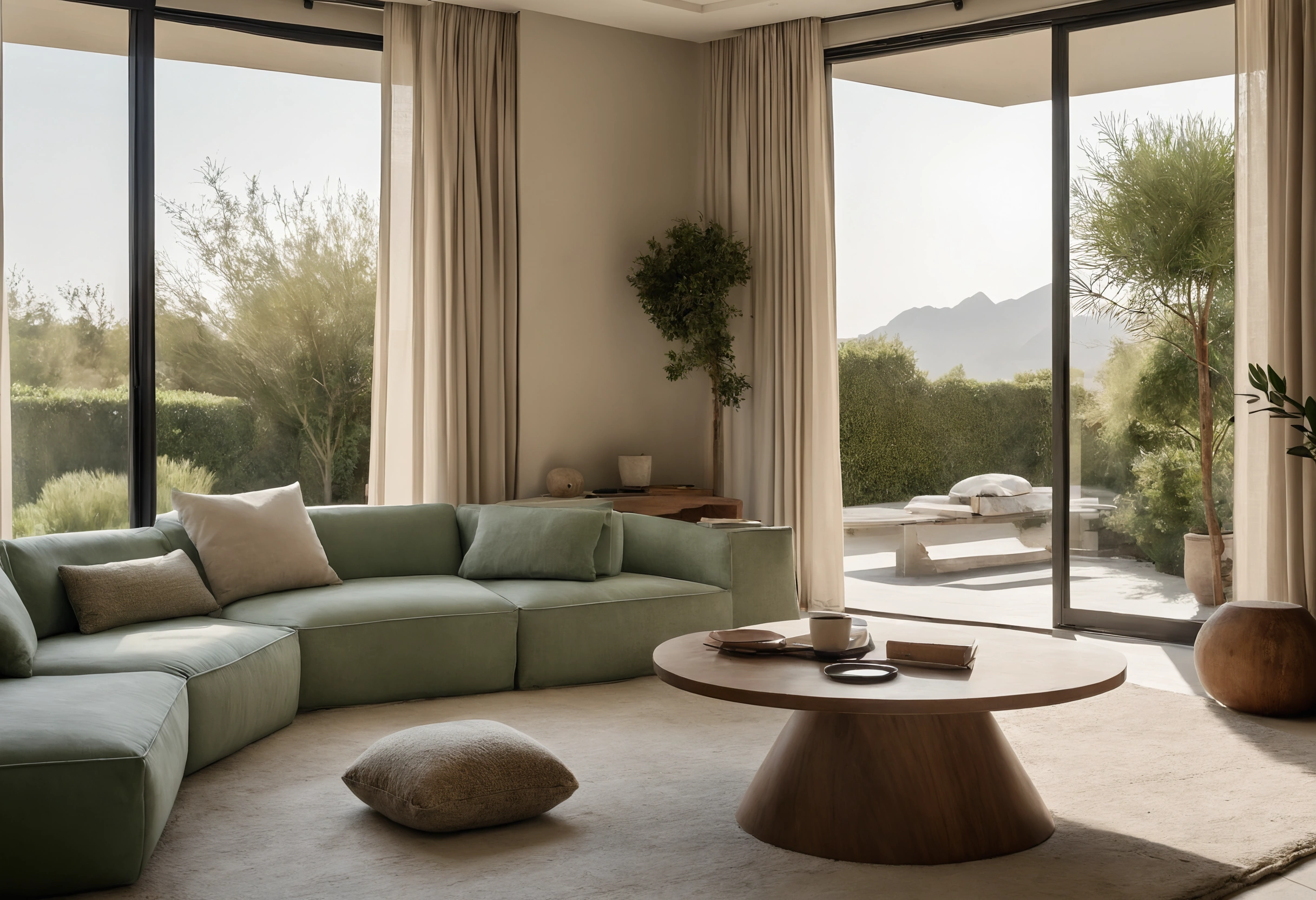 Family lounge with a sage green modular sofa, round wooden coffee table and glazed doors onto a garden