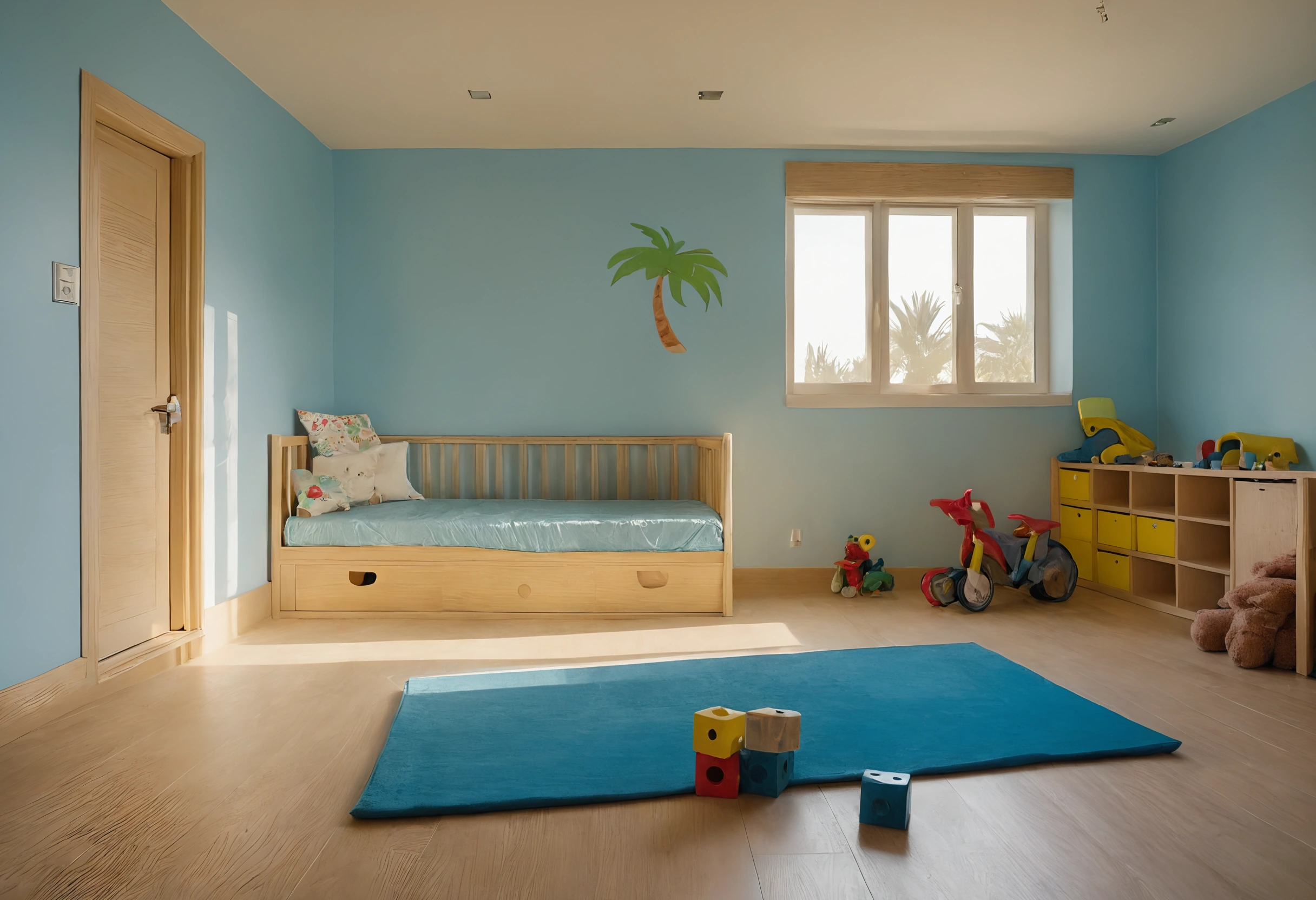 Child's room with pale blue walls, a wooden bed with drawers, a blue play rug and open cube storage